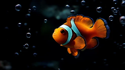 Clownfish drifting through bubbles in darkened oceanscape.