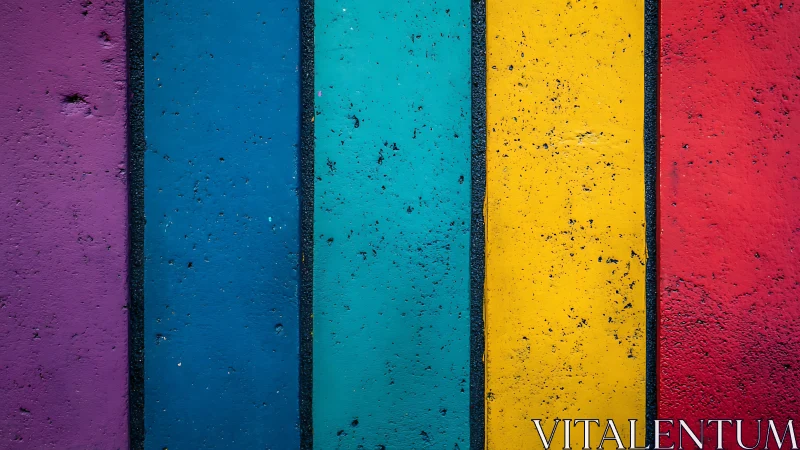 Bold vertical rainbow concrete panels show textured color contrast.