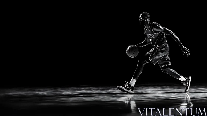 Lone basketball player gliding through dramatic court lights.