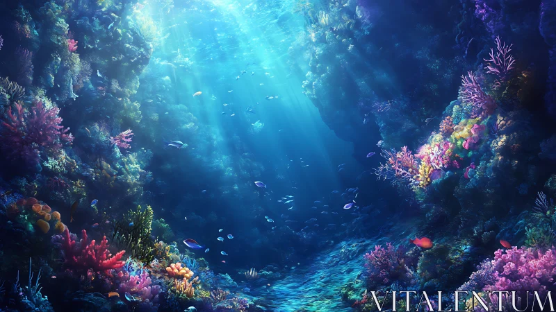 Sunlit coral reef corridor displays dense marine biodiversity