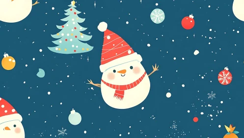 Smiling snowman in a cozy, colorful winter wonderland.