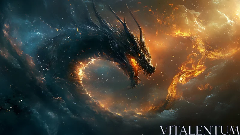 Cosmic serpent-shaped dragon amid swirling fire clouds.
