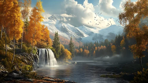 Autumn forest waterfall before snow covered mountain range.