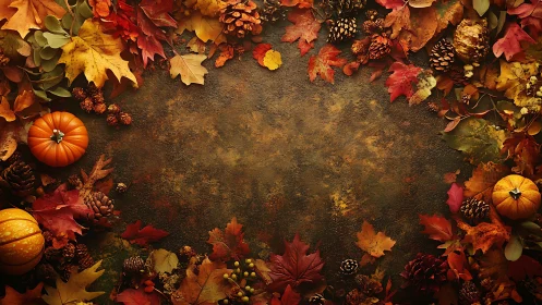 Autumn leaves and pumpkins border empty textured brown surface