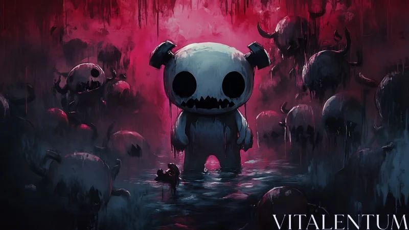 Digital painting of macabre toy figure amid haunted horde.