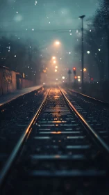 Winter rails glowing softly under distant city lights.