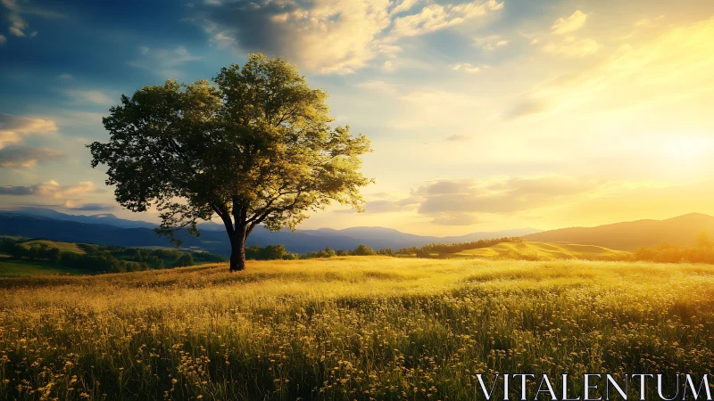 Solitary tree in sunlit meadow under wide evening sky.