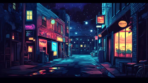 Neon lit alleyway with storefronts and night sky view.