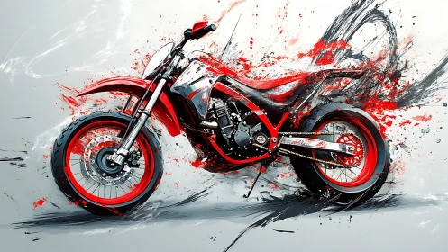 Red street motorcycle explodes through bold abstract paint