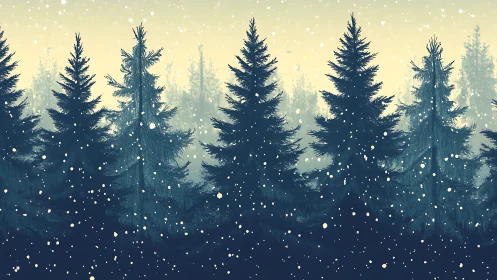 Snow-dusted evergreen forest silhouettes in soft dusk light.