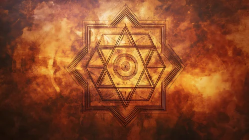 Geometric yantra mandala overlays textured, high-contrast burnished field