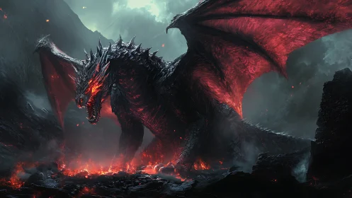 Inferno-winged dragon storms a molten battlefield of ruin.