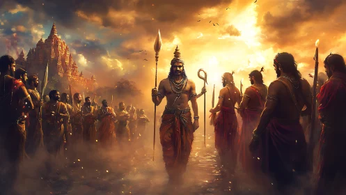 Warrior procession in mythic sunrise temple landscape.