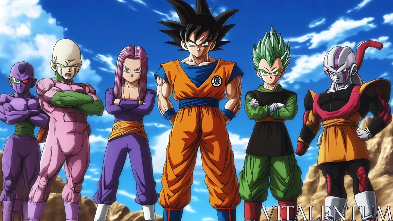 Anime battle lineup under dynamic desert sky, frontal composition.