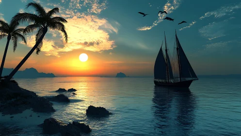 Sailing vessel silhouette crosses reflective tropical sunset sea