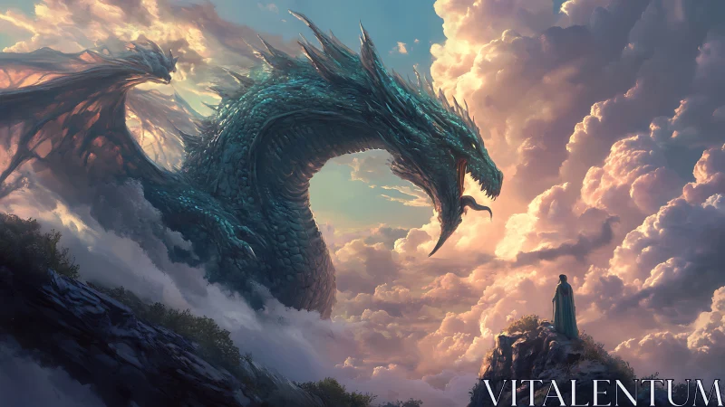 Dragon confronts lone robed figure above cloud-covered cliffs