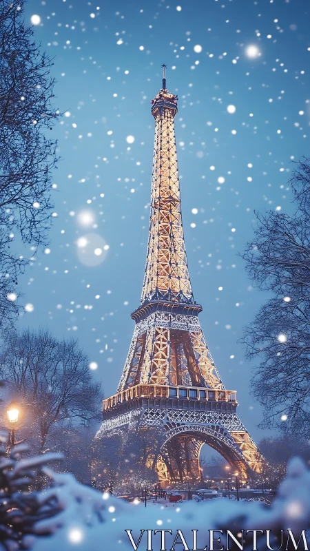 Eiffel Tower viewed in winter snowfall at twilight in Paris.