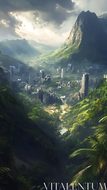 Sky-clawed mountain guarding a rainforest glass city.