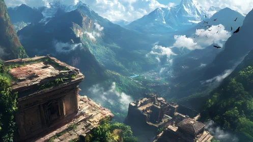 Ancient mountain temples overlook vast misty jungle valley
