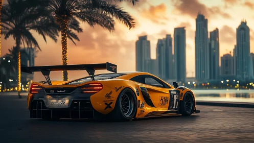 Orange racing car on waterfront boulevard at dusk.
