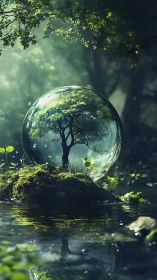 Tree contained inside transparent sphere above reflective water