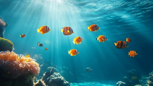 Orange reef fish swimming through clear sunlit water.