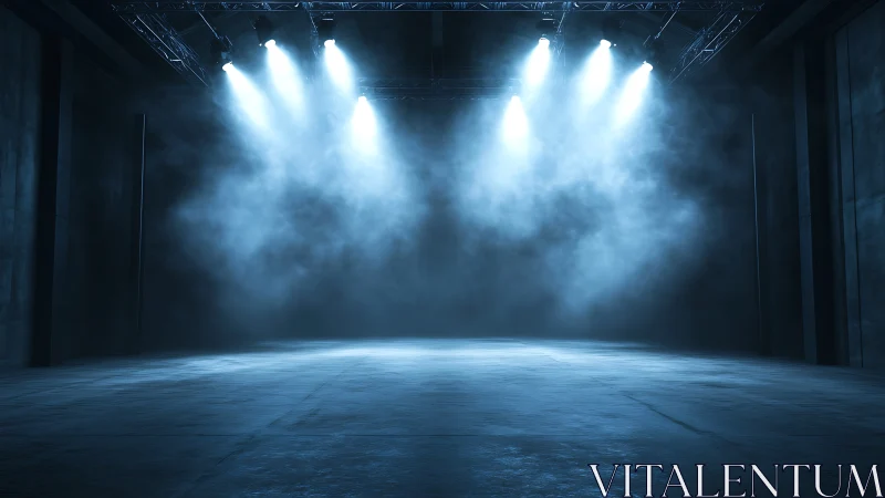 Empty industrial stage under blue spotlights at night.