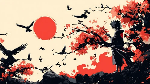 Lone shinobi gazes at crimson sun amid swirling crows.