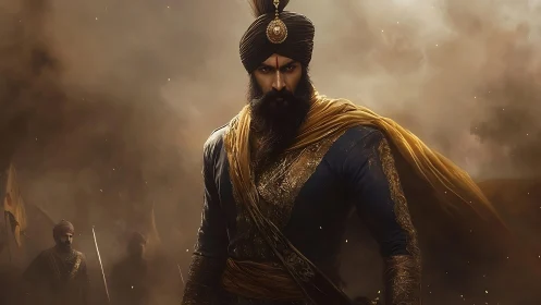 Warrior leader in ornate turban and armor amid battle smoke.