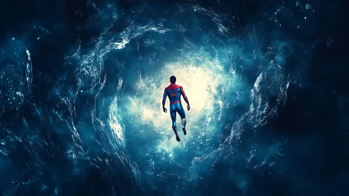 Brave superhero drifts toward a glowing cosmic portal of light