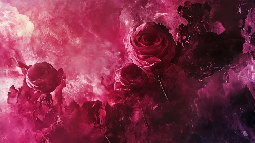 Deep Crimson Roses in Pink Ink Dispersion: Hyperrealistic Floral Study