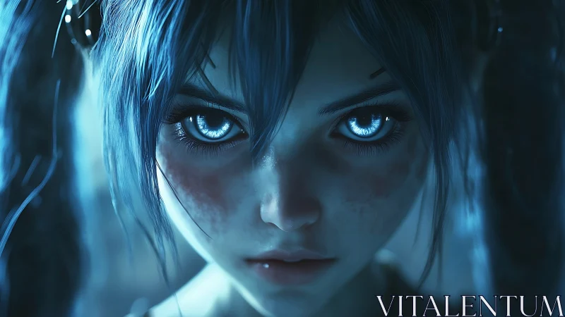 Girl with glowing cybernetic eyes stares into the dark.