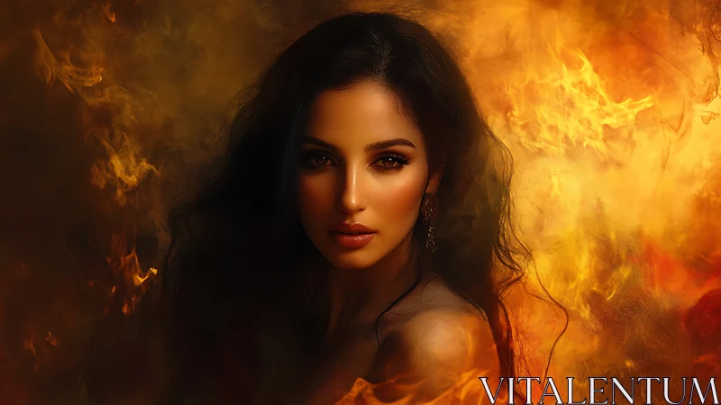 Woman with flowing dark hair surrounded by flames.