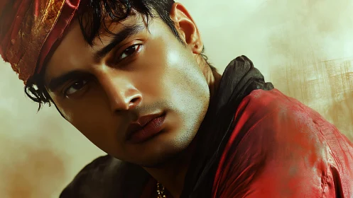 Cinematic close-up portrait of young man in red turban