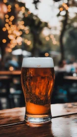 Amber pint glows against dreamy bokeh beer garden twilight.