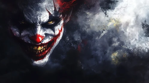 Sinister clown portrait with dark abstract smoke background.