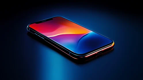 Sleek smartphone on neon surface with glowing gradient screen.
