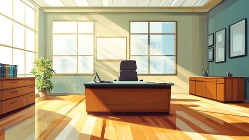 Sunlit executive haven with glassy calm and quiet ambition.