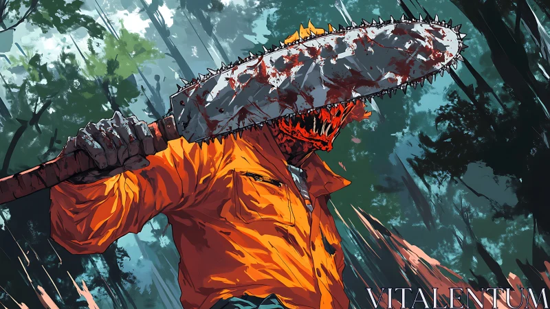 Dynamic low-angle chainsaw warrior in saturated anime horror.