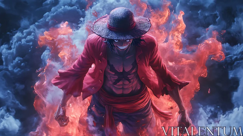 Fiery anime warrior strides through storm clouds with fury