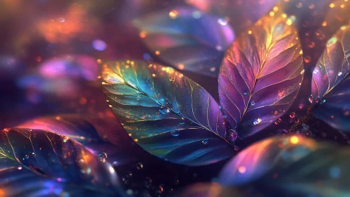 Iridescent macro foliage rendered with spectral bokeh and wet highlights