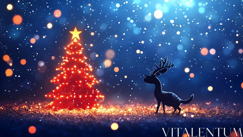 Silhouette reindeer faces lit Christmas tree under falling snow