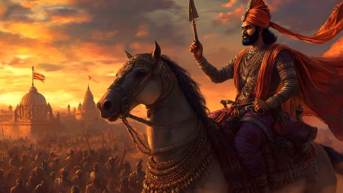 Warrior king on armored horse before sunlit temple city.