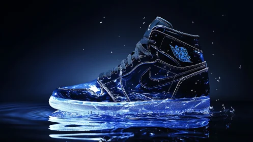 High-contrast liquid sneaker profile under electric blue light.