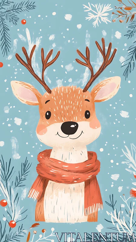 Winter deer portrait with red scarf on icy blue backdrop