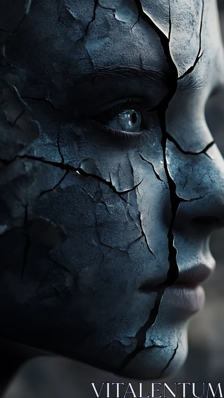 Cracked stone cybernetic portrait in cold directional light.