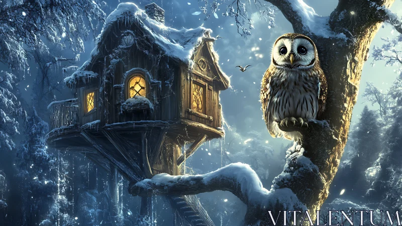 Cozy winter treehouse and watchful owl in a snowy forest.