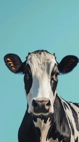 Curious black and white cow gazes calmly at clear sky