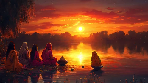 Sunset prayers by the glowing river, wrapped in quiet color.