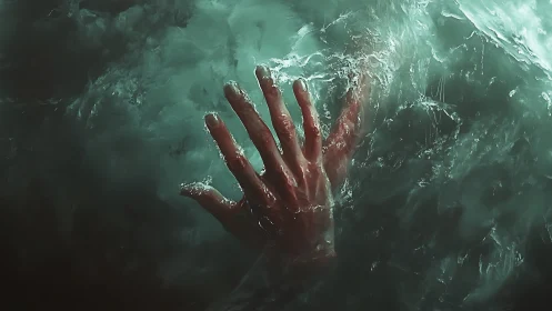 Drowning hand rising through stormy teal waters.